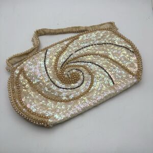 VINTAGE LA Regale Ivory Gold Sequin Beaded Evening Bag Purse Swirl Beaded Strap